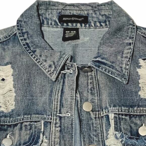 ASHLEY STEWART Jean Jacket Sz 14 / 16 Distressed Destroyed Boho Festival Grunge - Picture 2 of 7